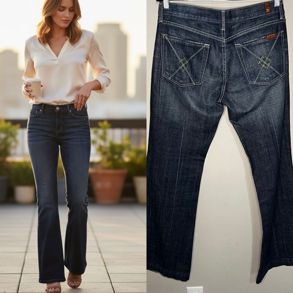 Seven For All Mankind Dojo Embellished Green Rhinestone Square‎ Design Jeans